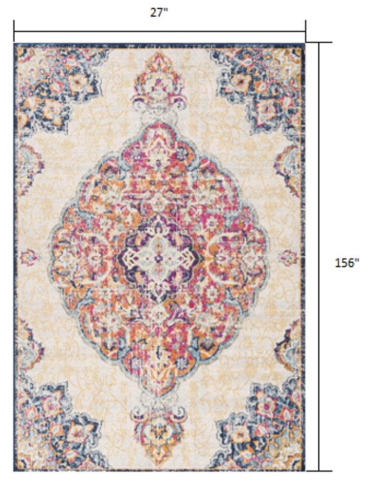 10' Blue And Beige Medallion Runner Rug