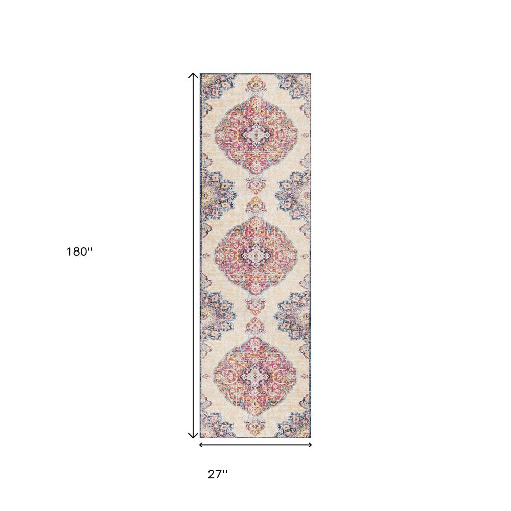 10' Blue And Beige Medallion Runner Rug