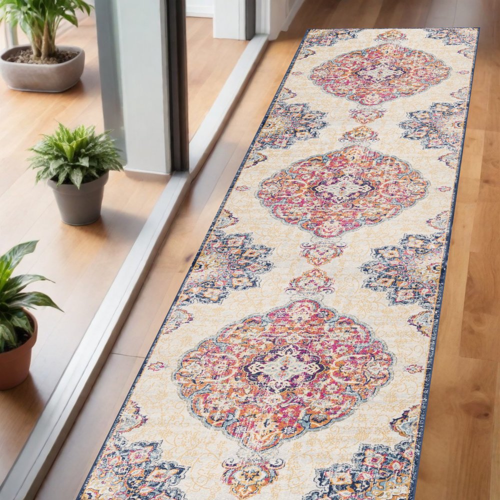 10' Blue And Beige Medallion Runner Rug