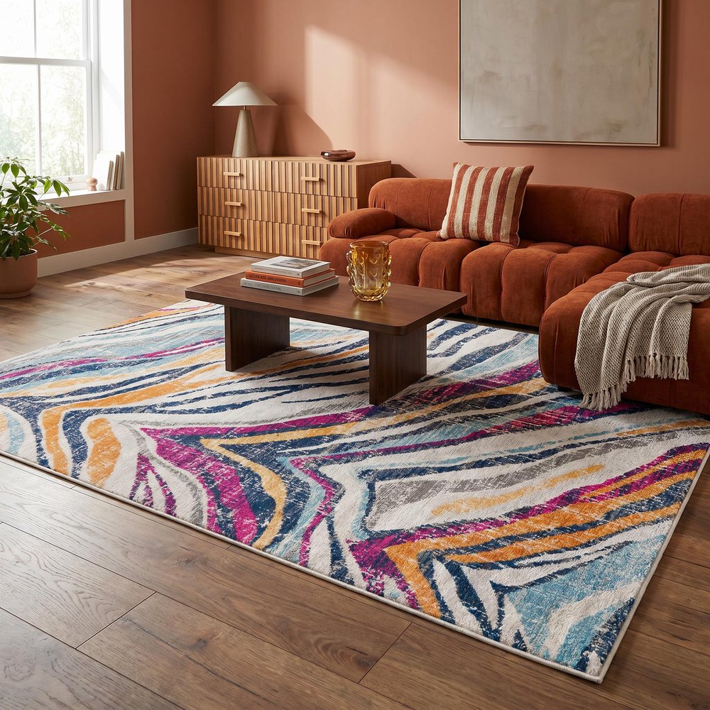 2' X 4' Blue and Gold Abstract Area Rug