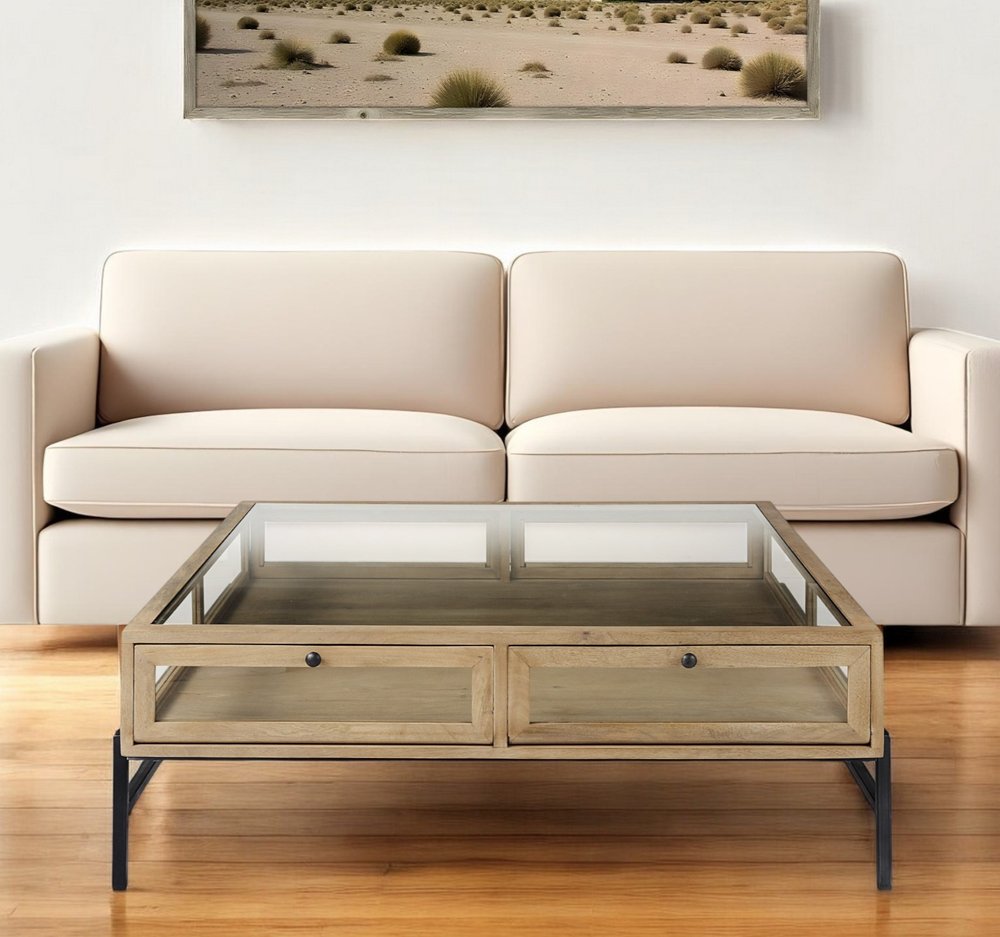 42" Clear and Black Glass and Metal Square Coffee Table With Two Drawers And Shelf