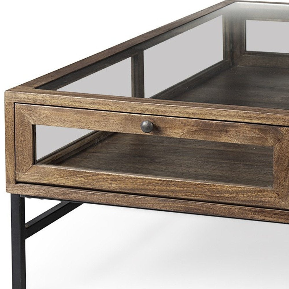 42" Dark Brown Glass and Metal Square Coffee Table With Shelf