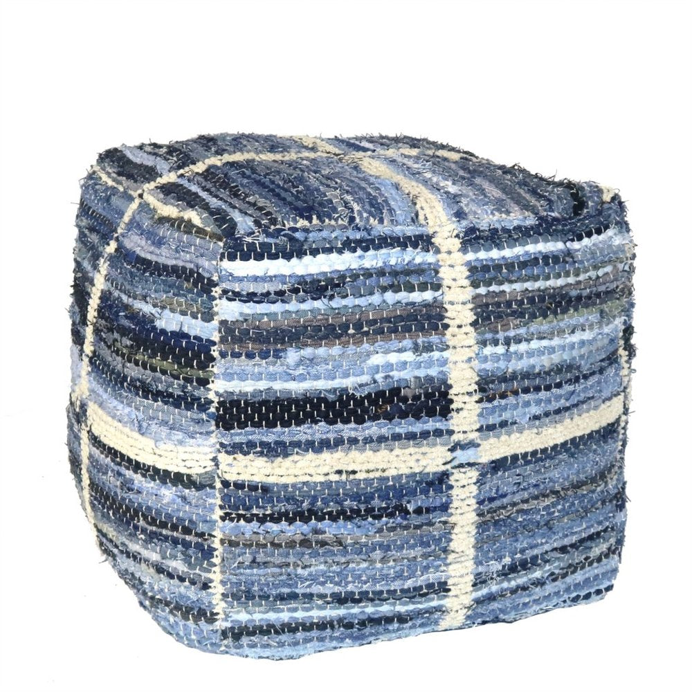 18" Blue Cotton Striped Pouf Ottoman