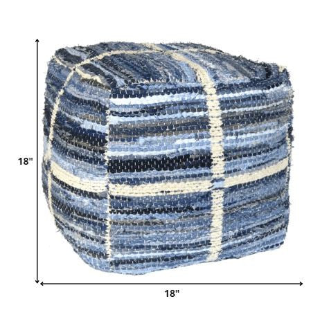 18" Blue Cotton Striped Pouf Ottoman
