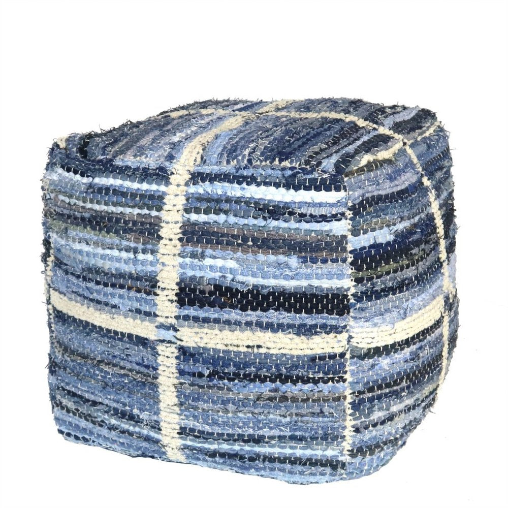 18" Blue Cotton Striped Pouf Ottoman