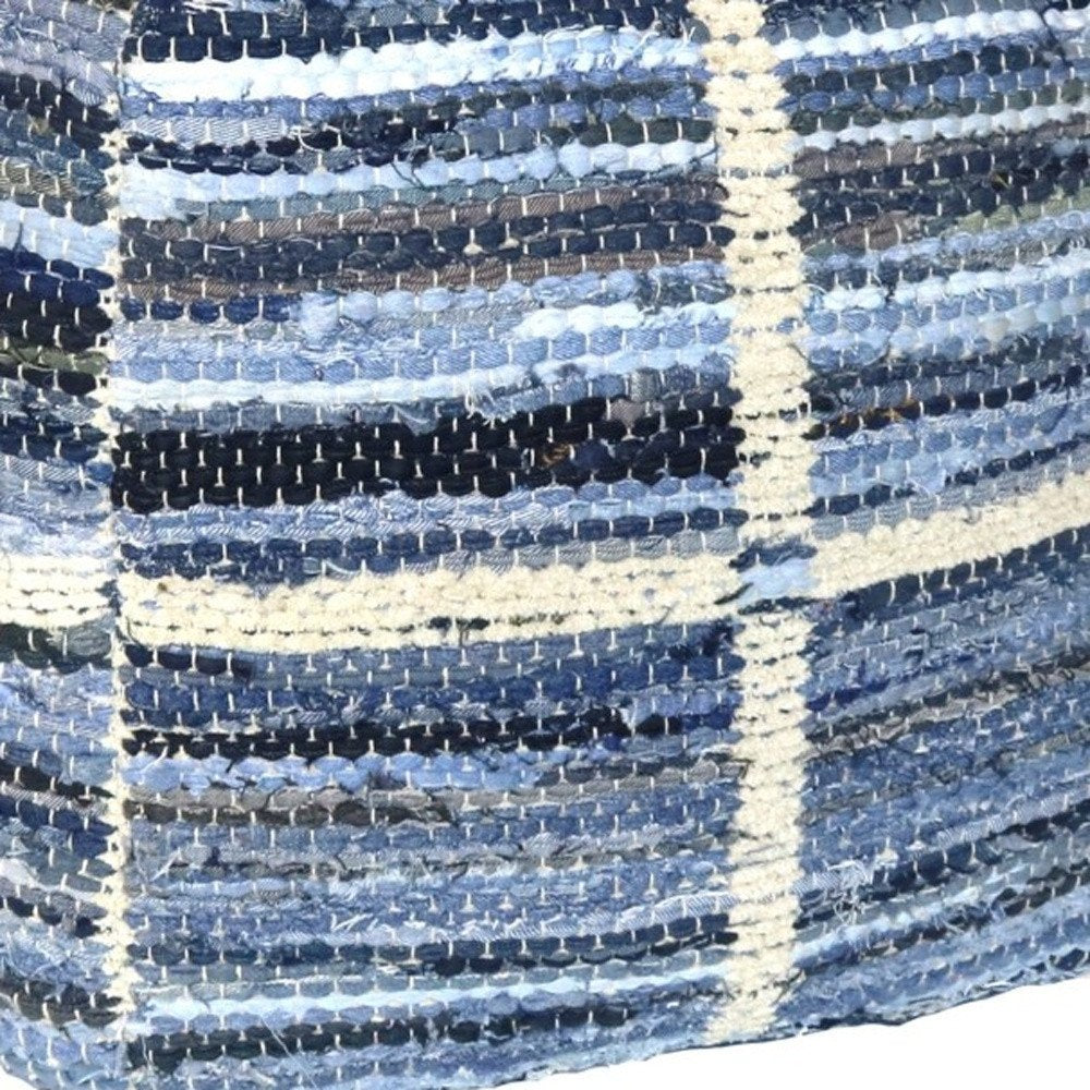 18" Blue Cotton Striped Pouf Ottoman