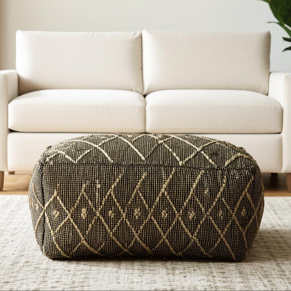 21" Black Cotton Geometric Pouf Ottoman