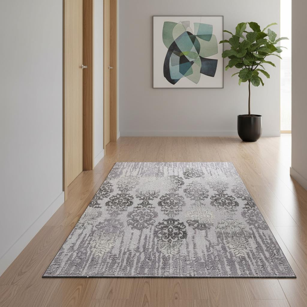 10' Gray Damask Power Loom Runner Rug