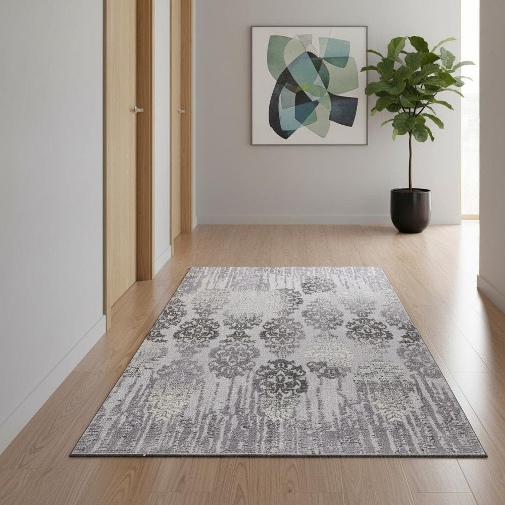 10' Gray Damask Power Loom Runner Rug