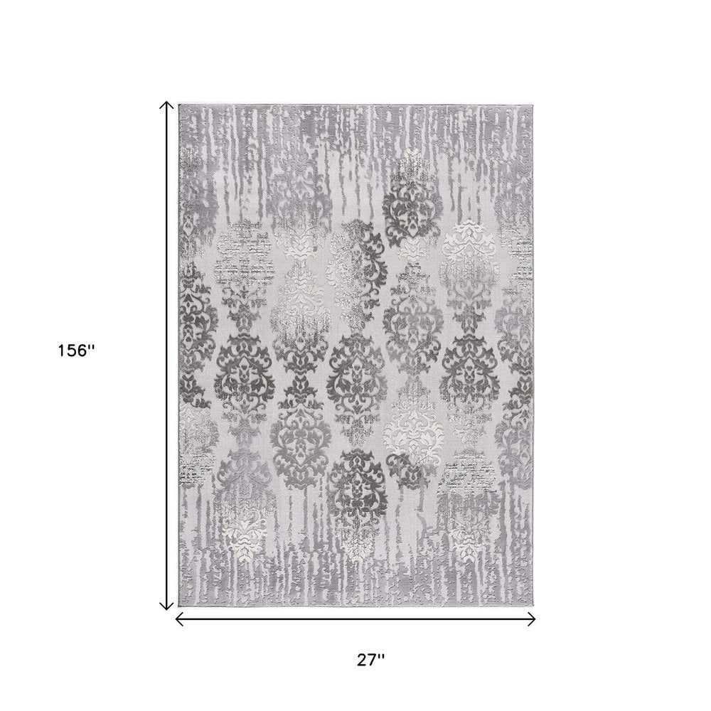 10' Gray Damask Power Loom Runner Rug