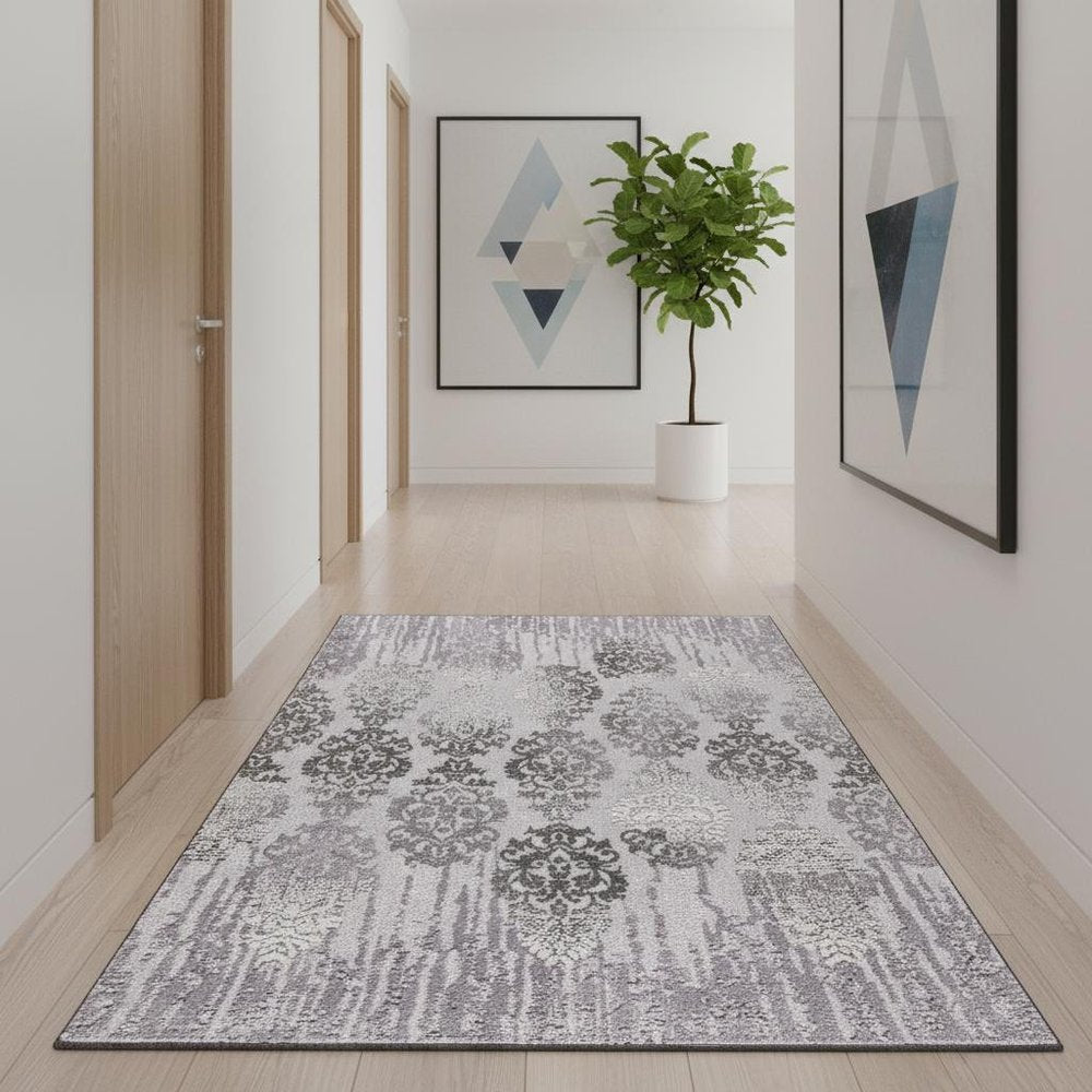 10' Gray Damask Power Loom Runner Rug