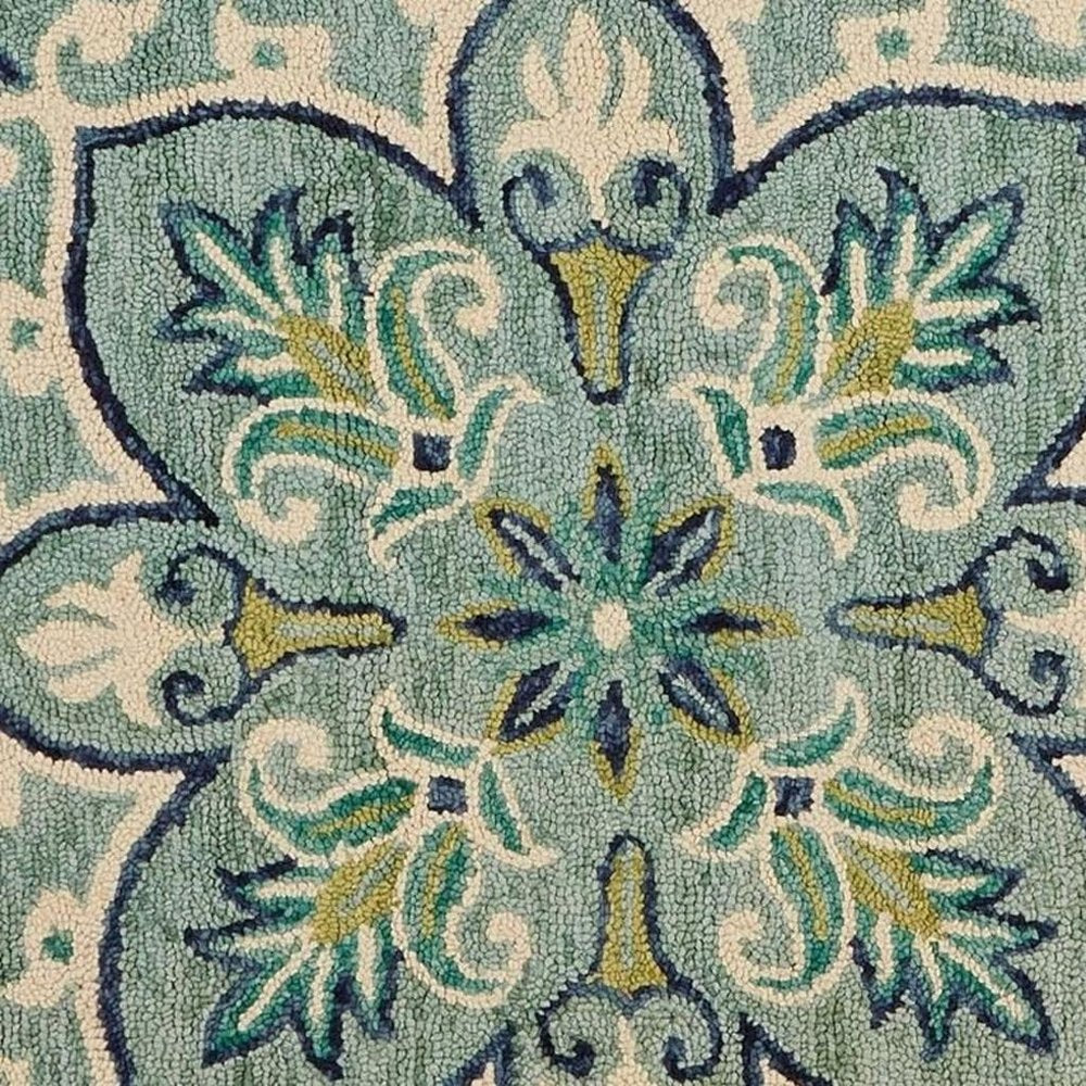 6' Blue And Green Wool Geometric Hand Tufted Round Rug