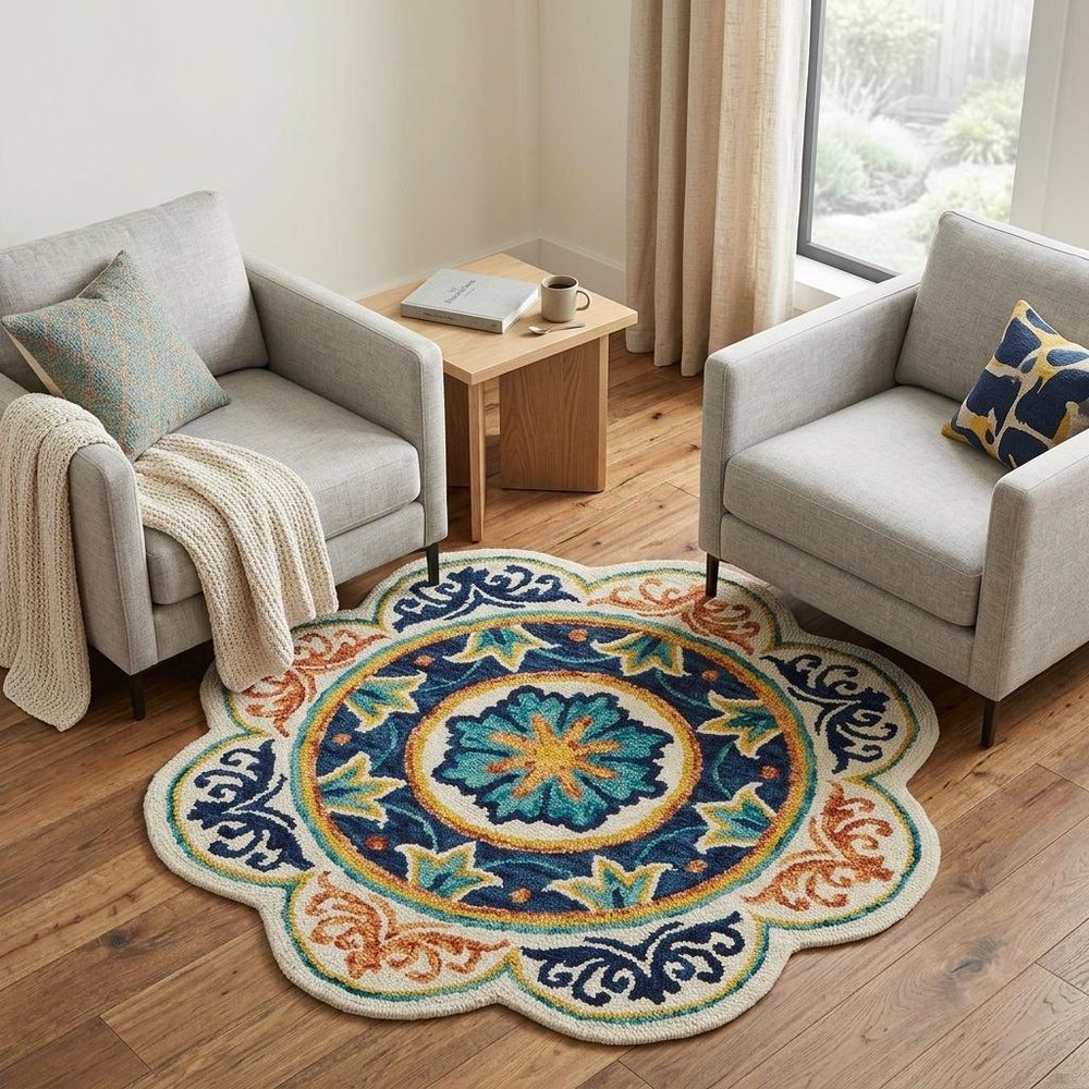 4' Round Ivory And Navy Decorative Area Rug