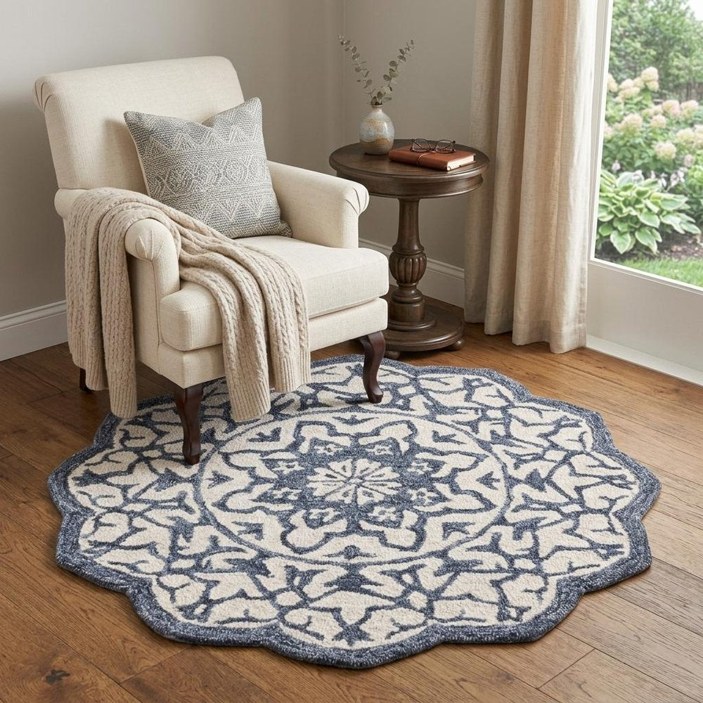 3' Round Navy And White Decorative Area Rug