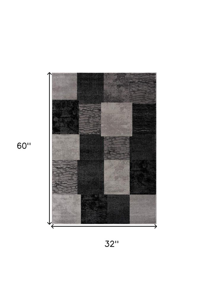 2' X 6' Gray Geometric Blocks Area Rug