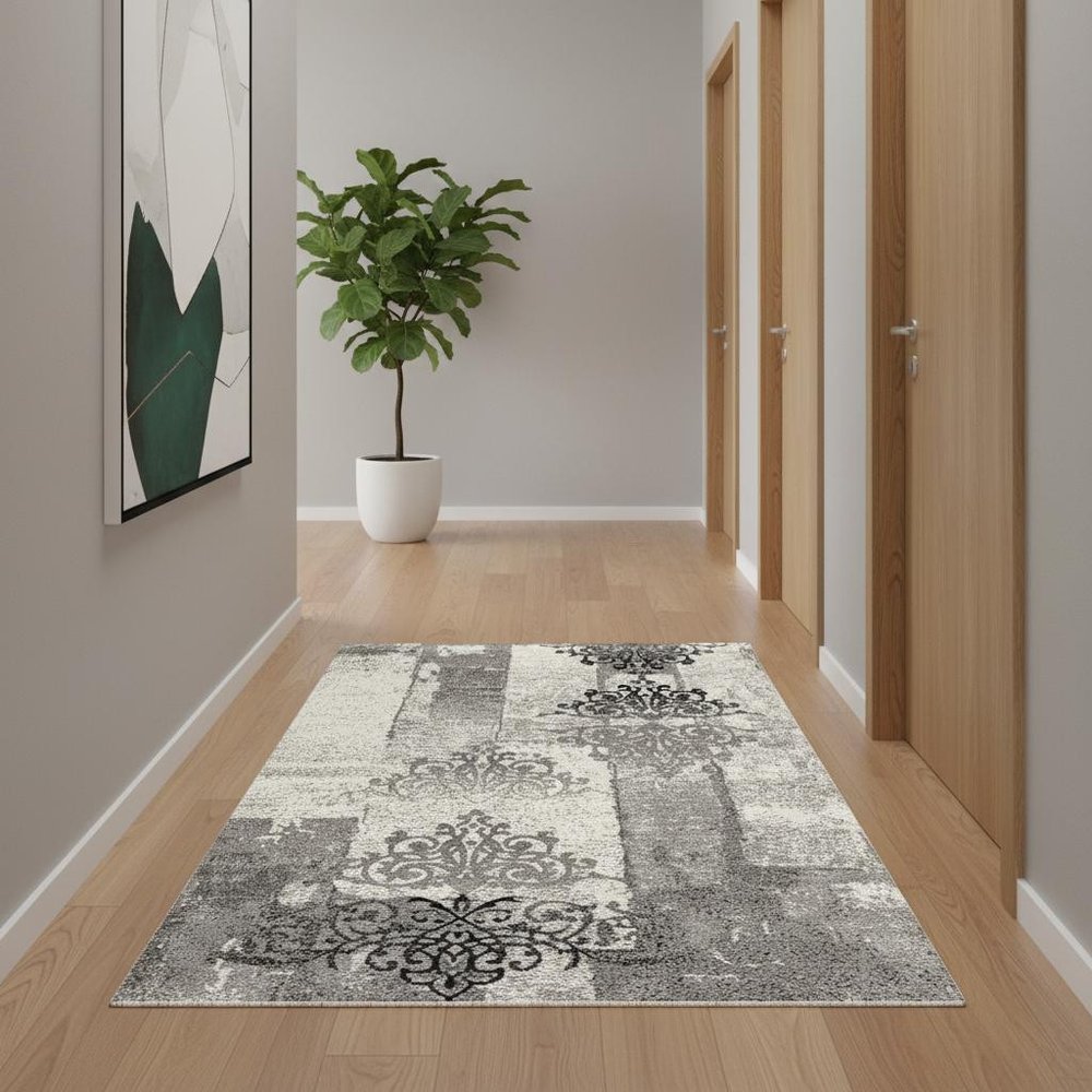 10' Gray Damask Dhurrie Runner Rug
