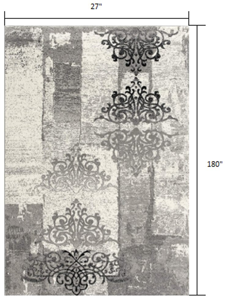 10' Gray Damask Dhurrie Runner Rug