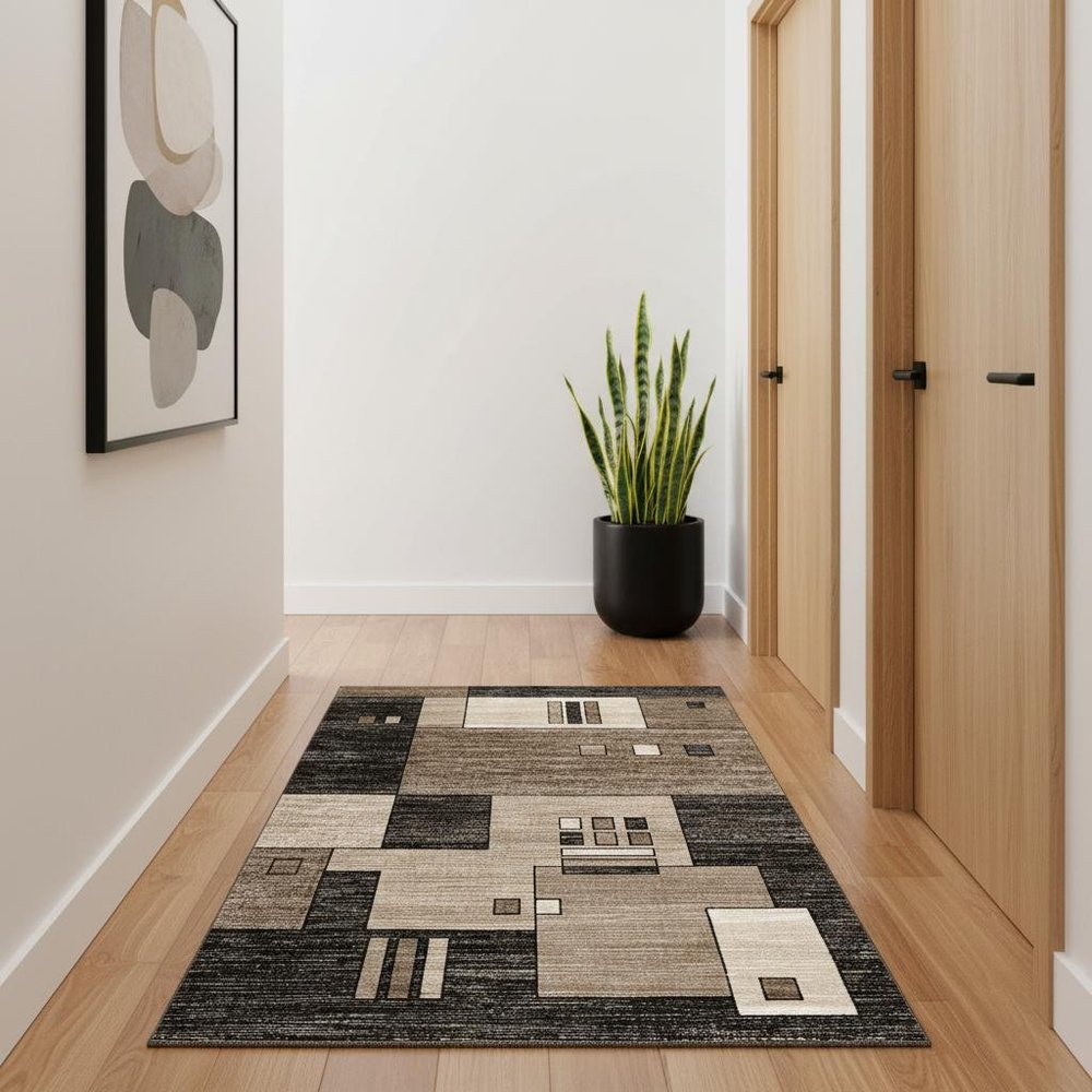 10' Beige Abstract Power Loom Runner Rug
