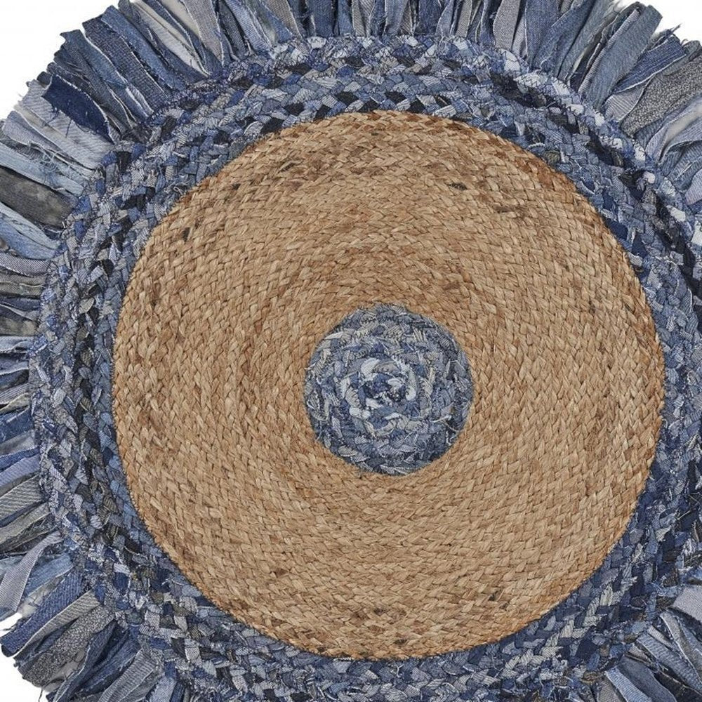 6' Beige And Blue Abstract Geometric Hand Woven Round Rug