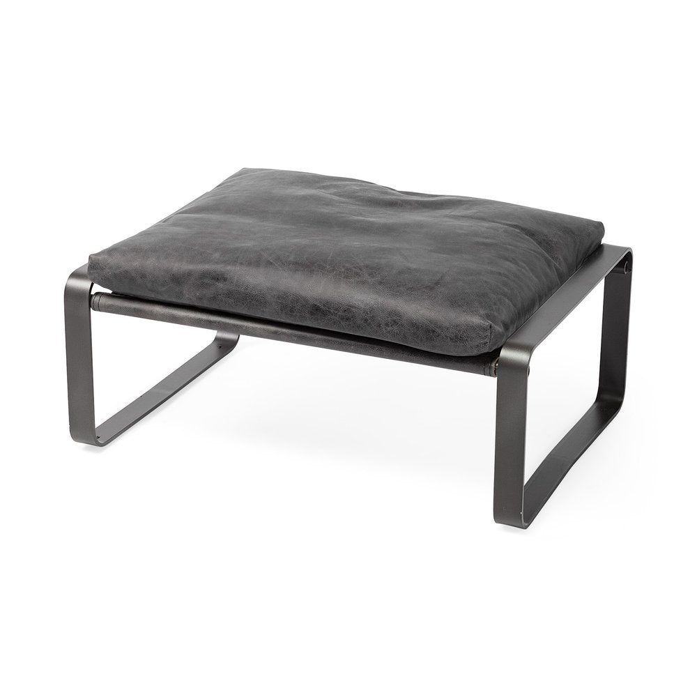 27" Black Genuine Leather Ottoman