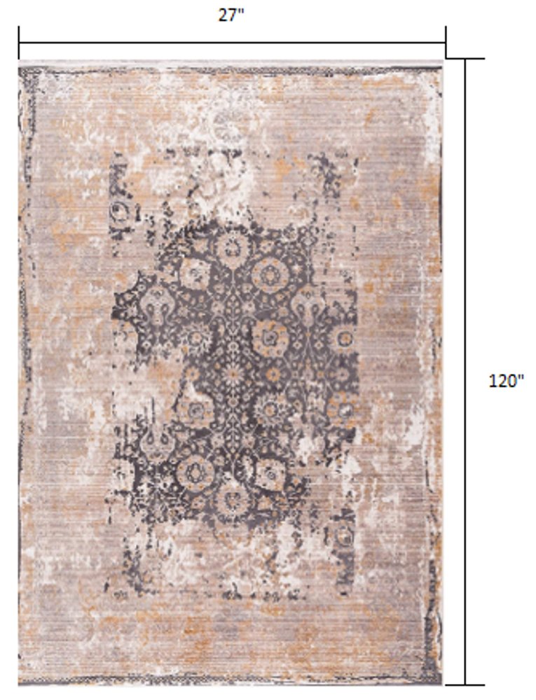 10' Gray And Ivory Oriental Runner Rug