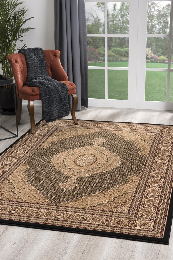 10' Beige And Black Medallion Runner Rug