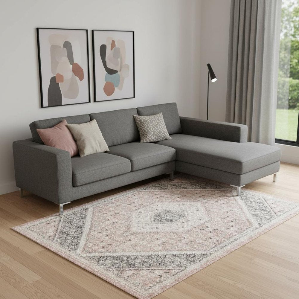 8' X 10' Gray and Soft Pink Traditional Area Rug