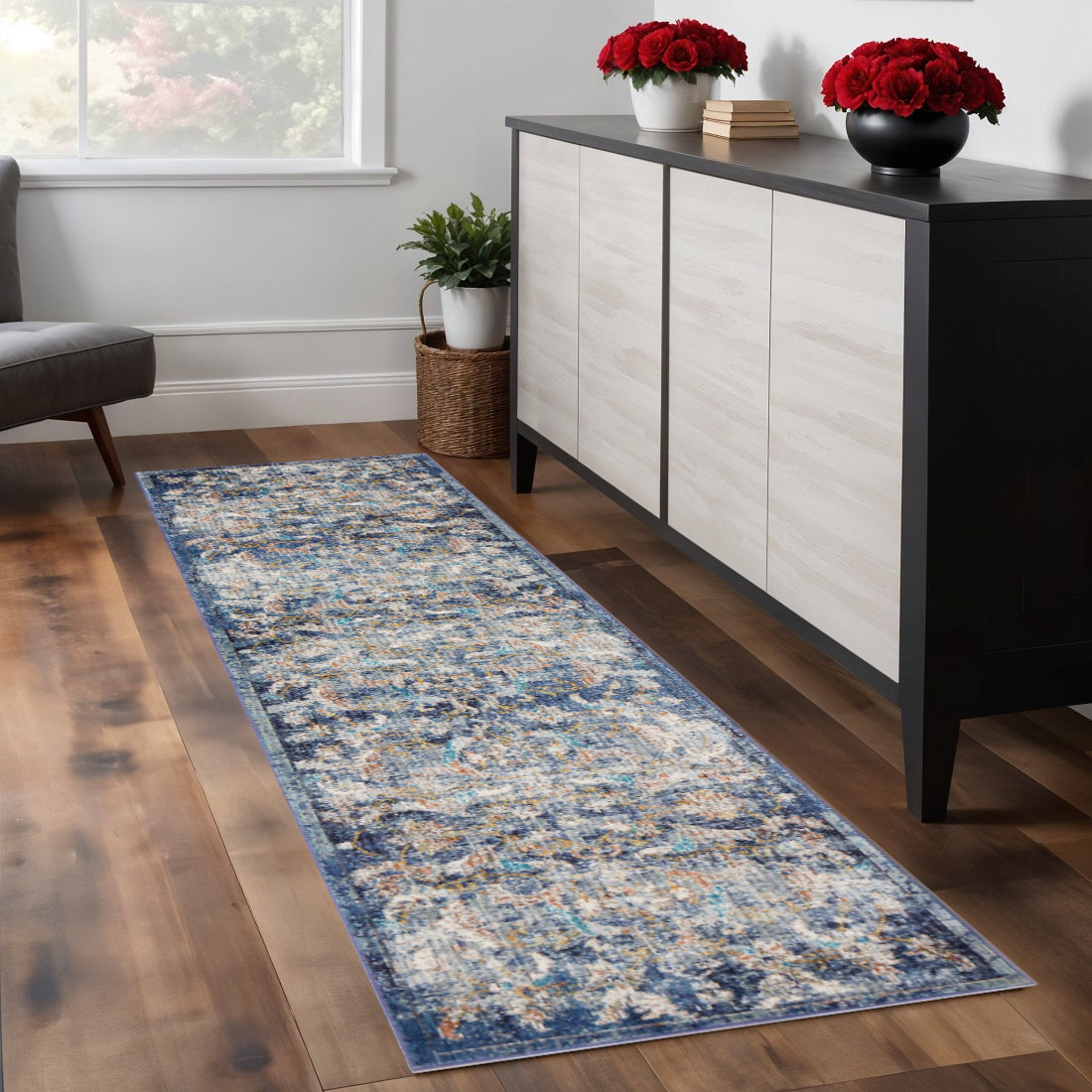 8' X 10' Blue and White Jacobean Pattern Area Rug