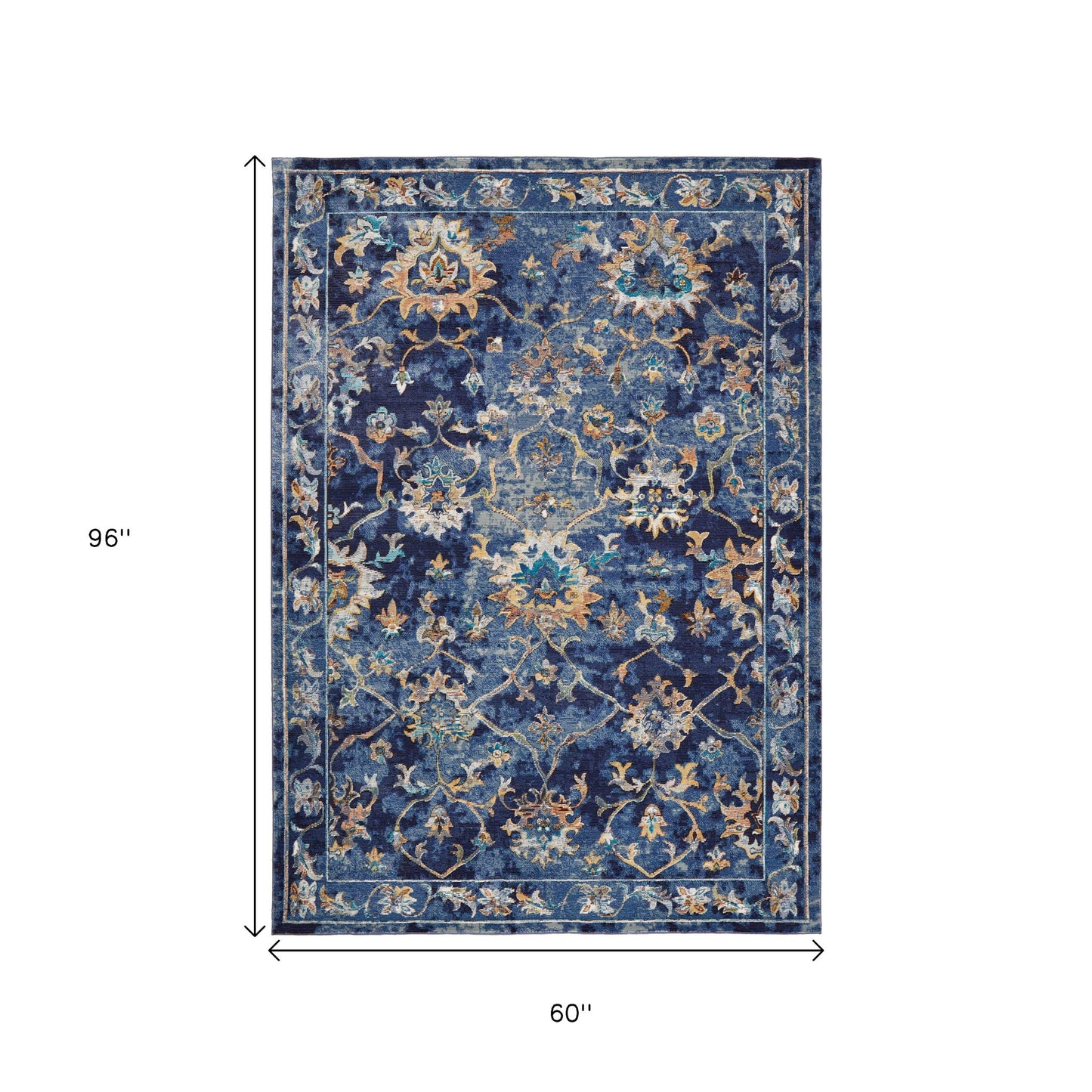 5' X 8' Blue Aqua and Gold Floral Area Rug