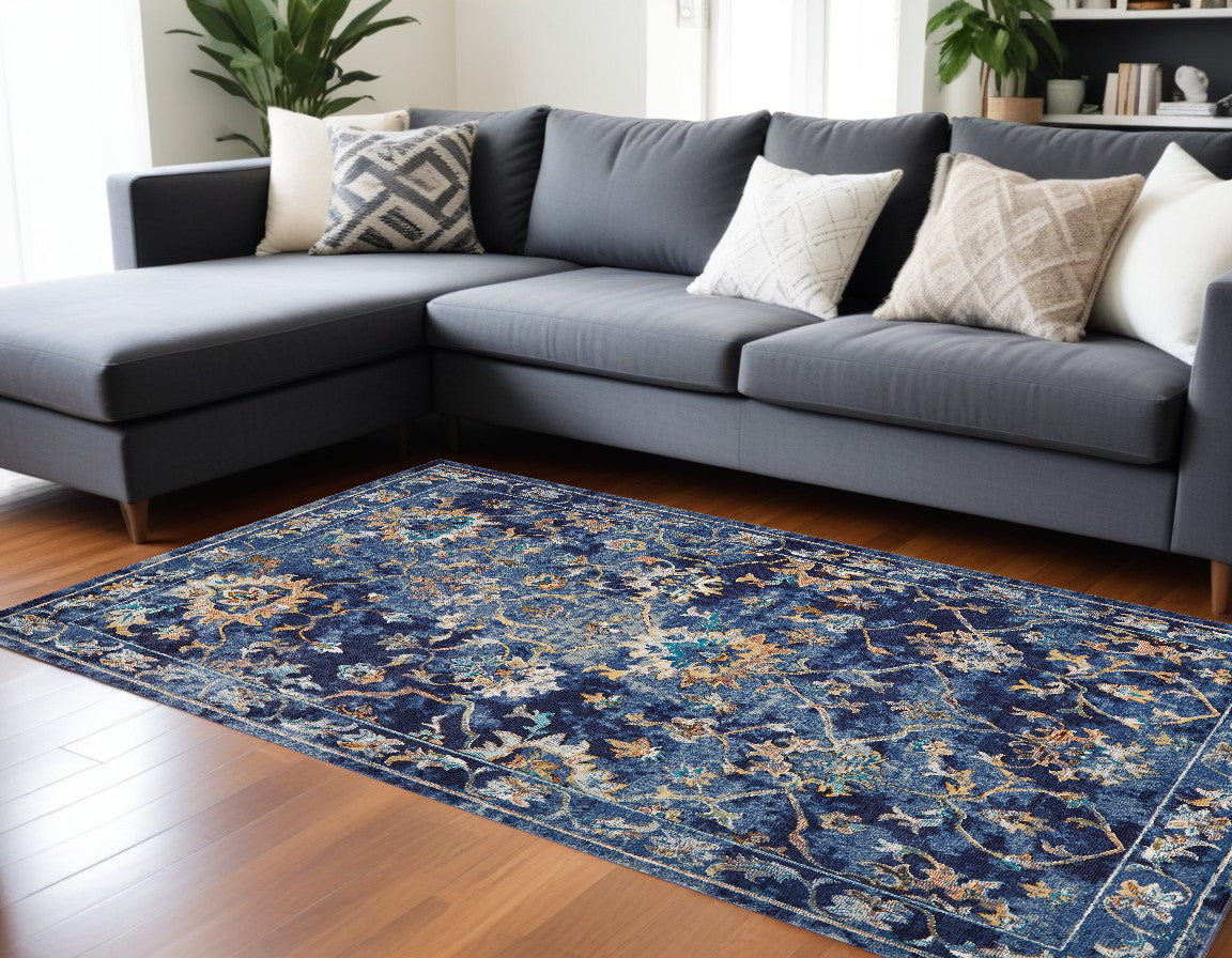 5' X 8' Blue Aqua and Gold Floral Area Rug