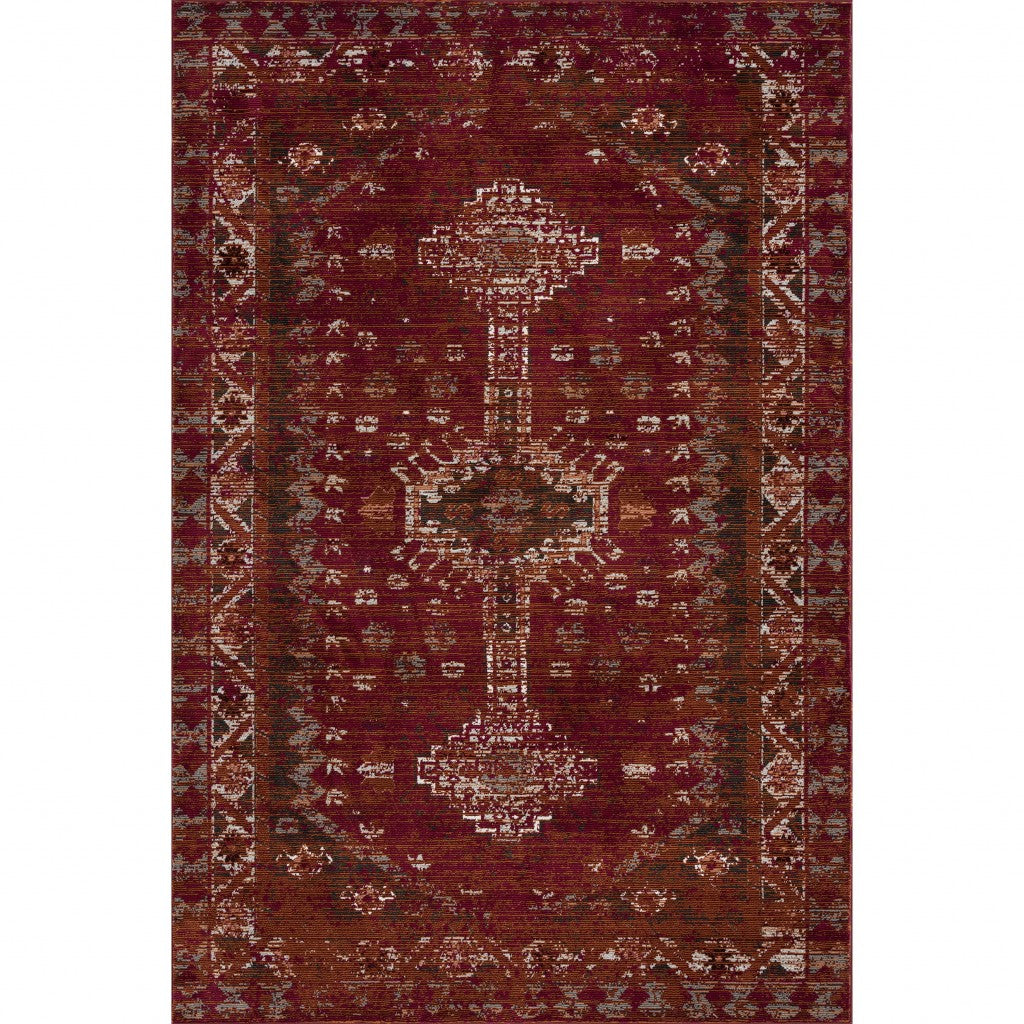 8' X 10' Brown Dark Red And Ivory Geometric Distressed Area Rug