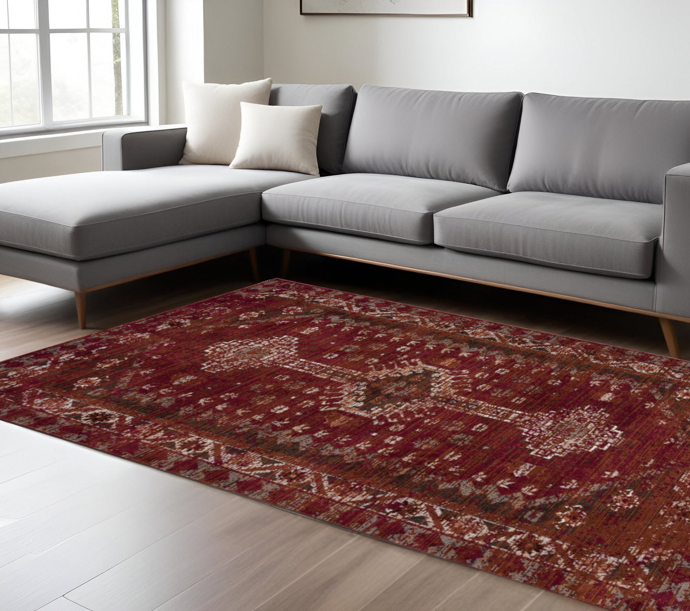 8' X 10' Brown Dark Red And Ivory Geometric Distressed Area Rug