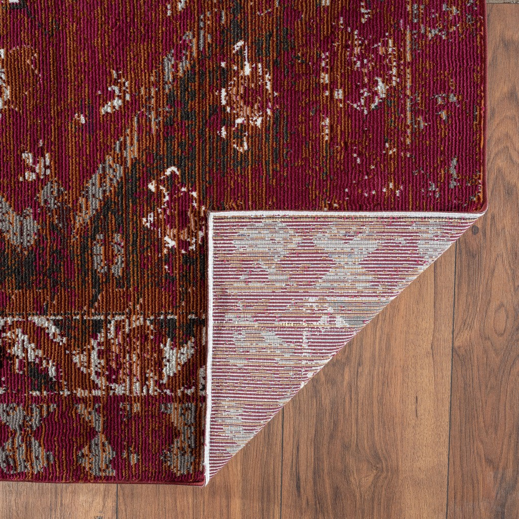 8' X 10' Brown Dark Red And Ivory Geometric Distressed Area Rug