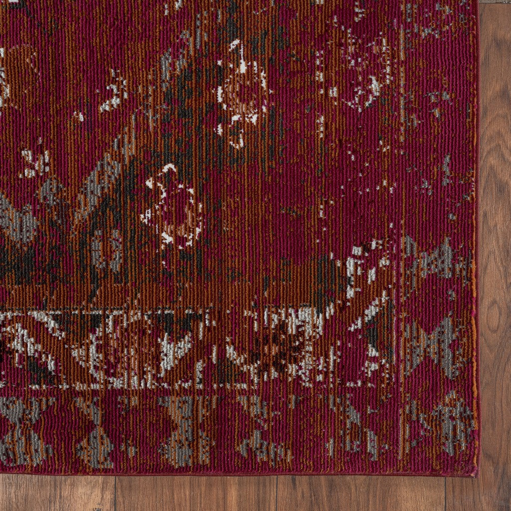 8' X 10' Brown Dark Red And Ivory Geometric Distressed Area Rug