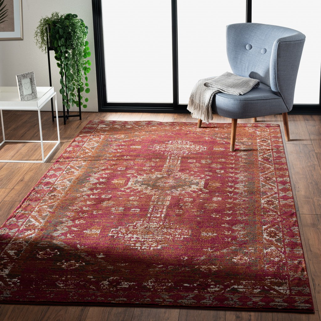 8' X 10' Brown Dark Red And Ivory Geometric Distressed Area Rug
