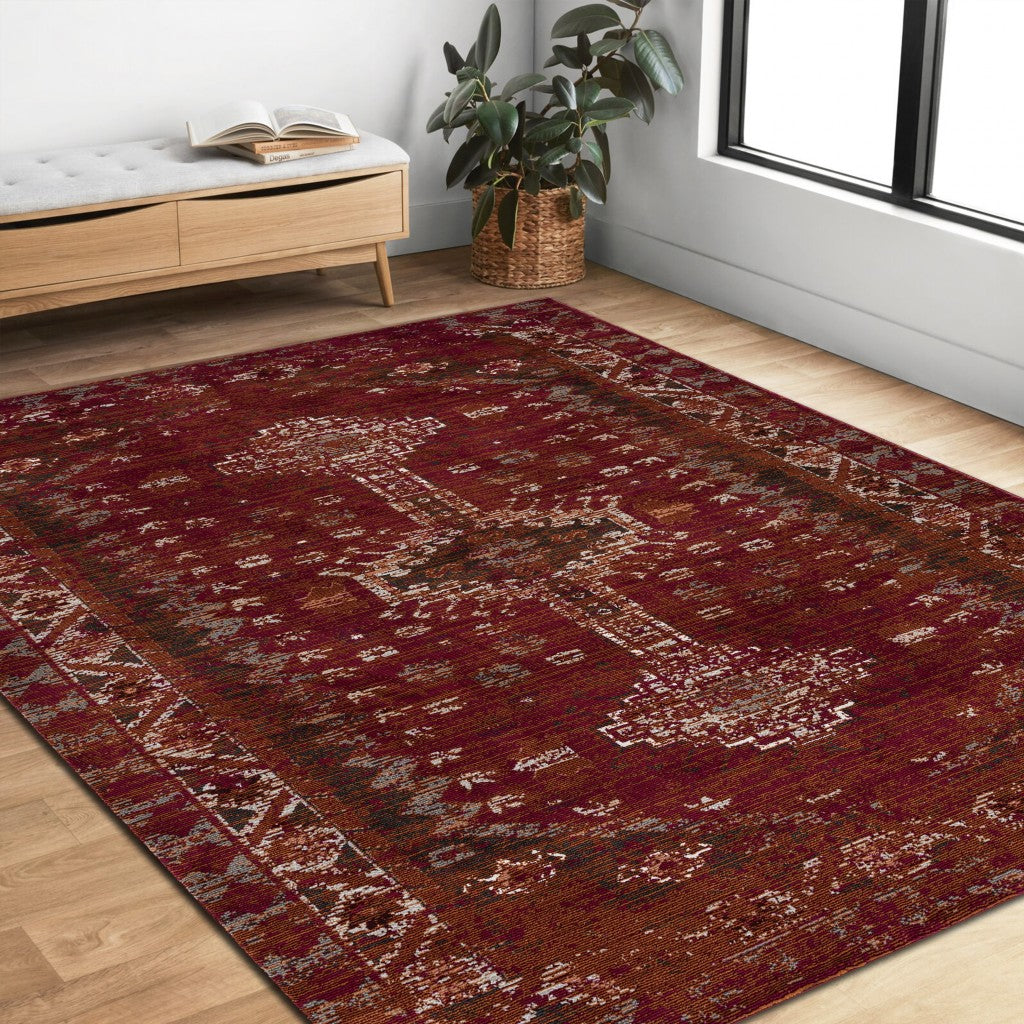 8' X 10' Brown Dark Red And Ivory Geometric Distressed Area Rug