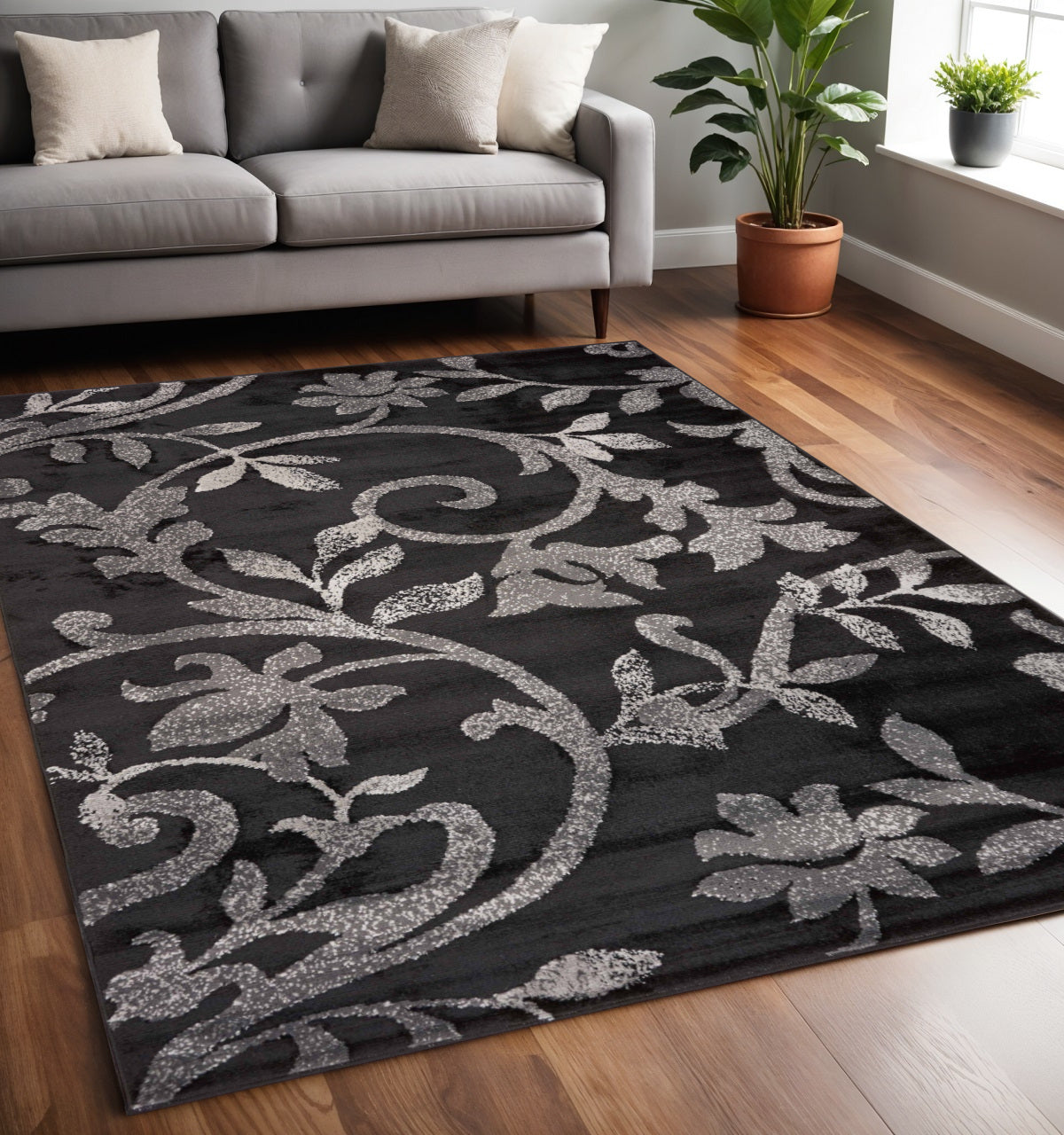 5' X 7' Black Gray and White Floral Vines Area Rug