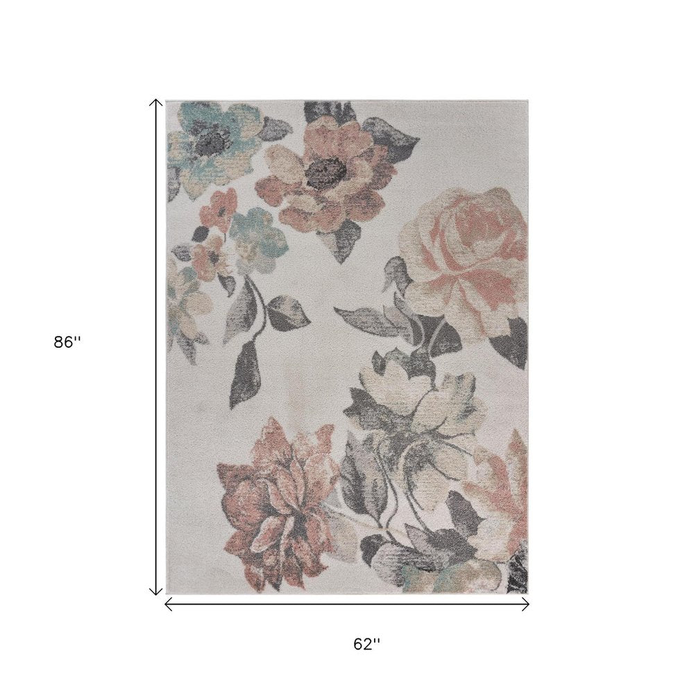 5' X 7' Ivory Blooming Rose Area Rug