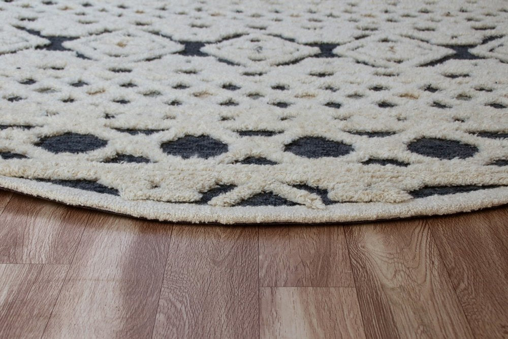 6' Blue And Ivory Wool Hand Tufted Round Rug