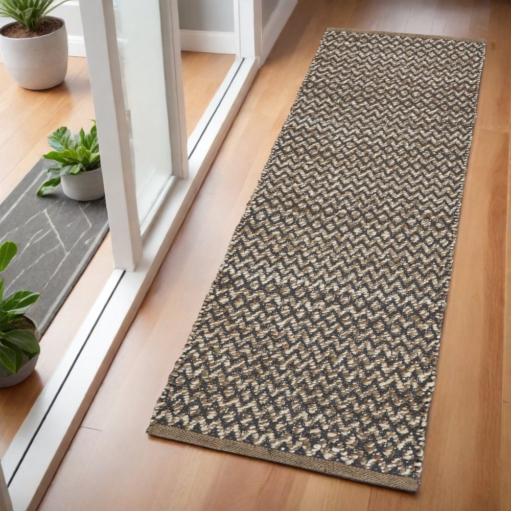 6' Natural and Gray Chevron Hand Woven Jute Runner Rug