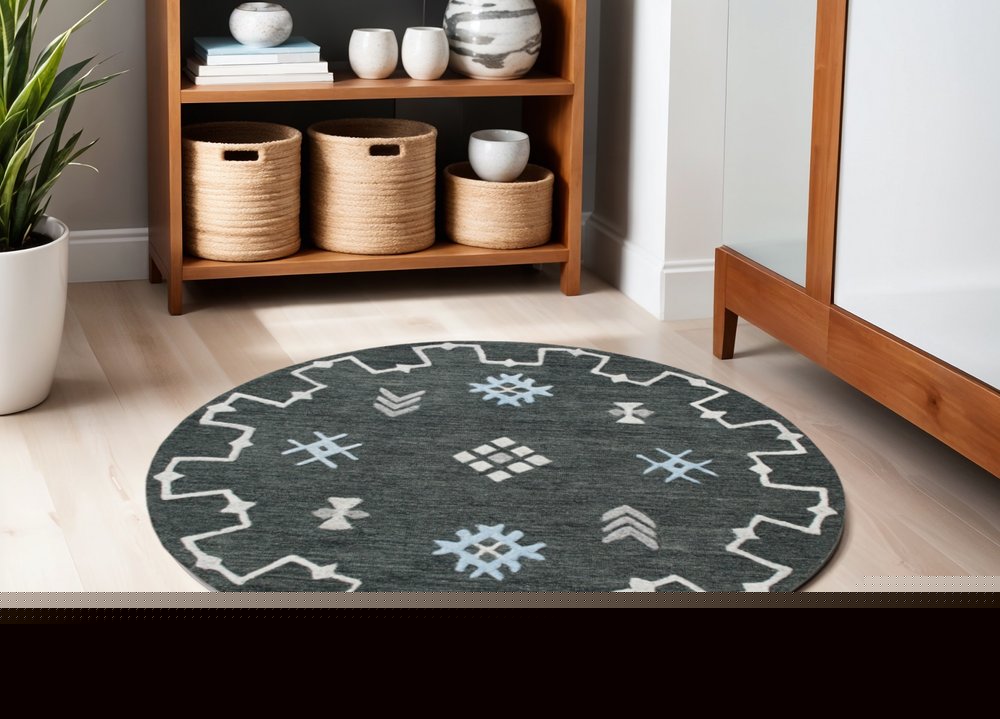 5' Charcoal Round Wool Hand Hooked Handmade Area Rug