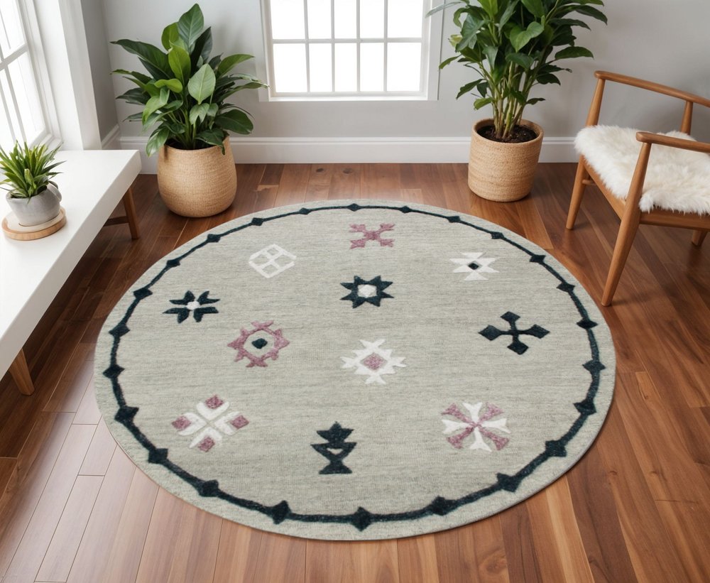 7' Gray Round Wool Hand Hooked Handmade Area Rug