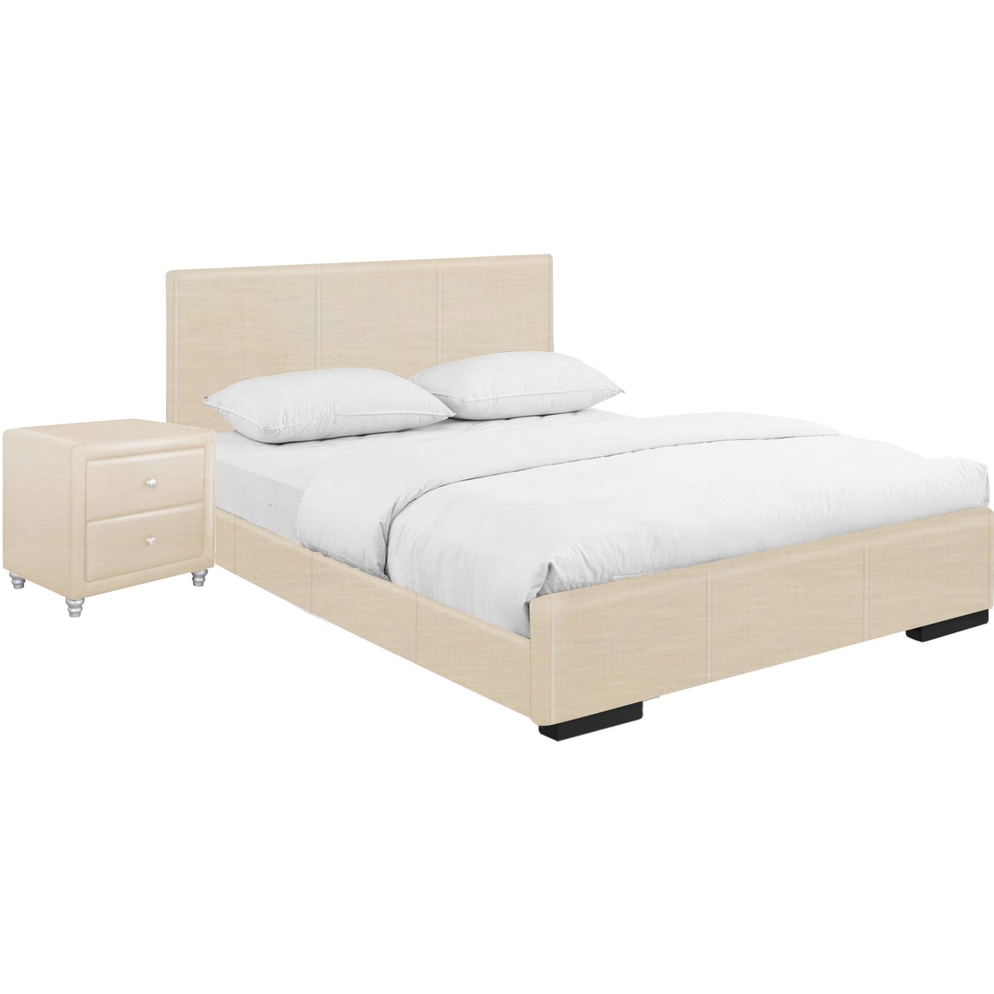 Beige Wood And Faux Leather Full Bed Frame