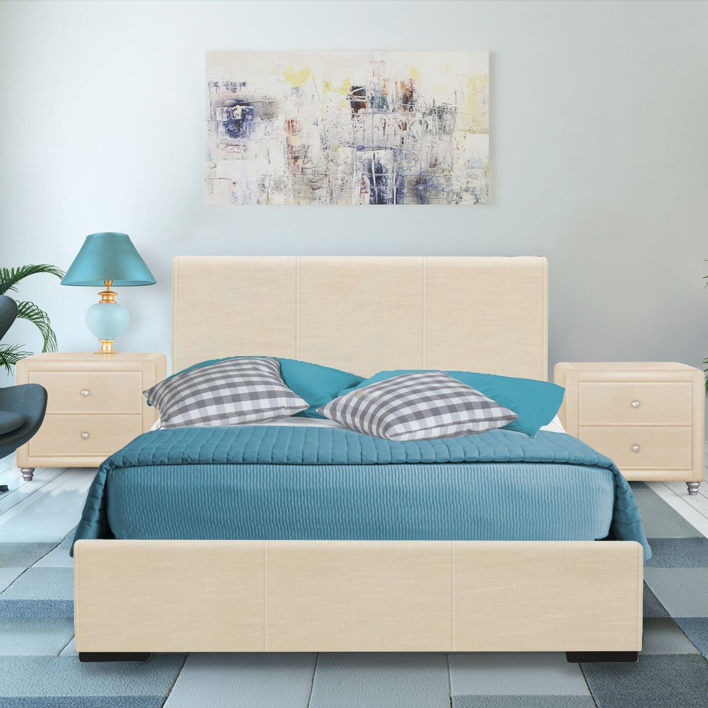 Beige Wood And Faux Leather Full Bed Frame