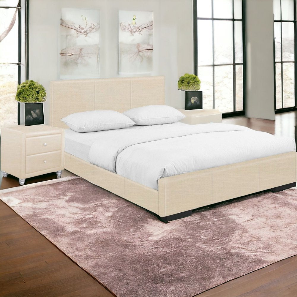 Beige Wood And Faux Leather Queen Bed Frame
