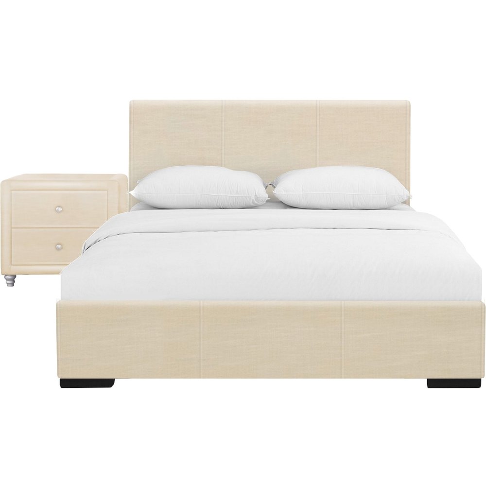 Beige Wood And Faux Leather Queen Bed Frame