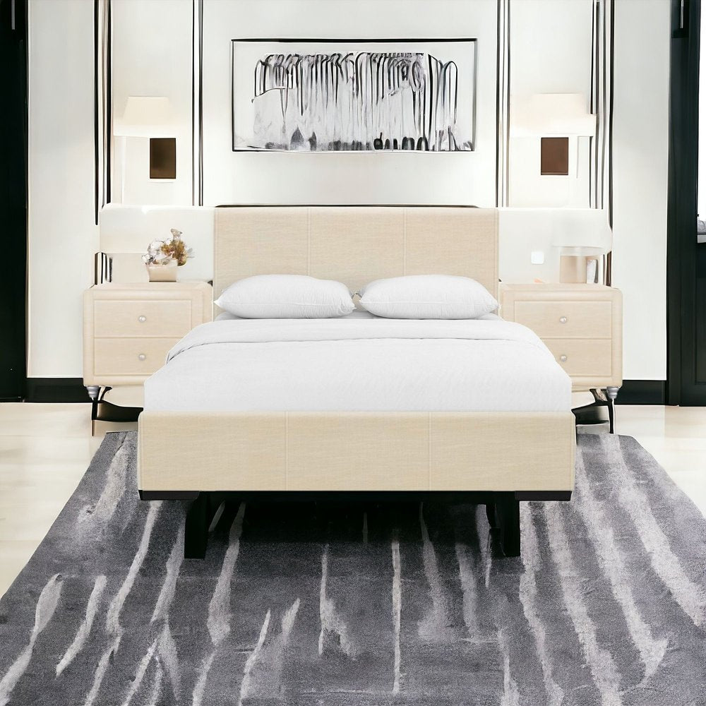 Beige Wood And Faux Leather Queen Bed Frame