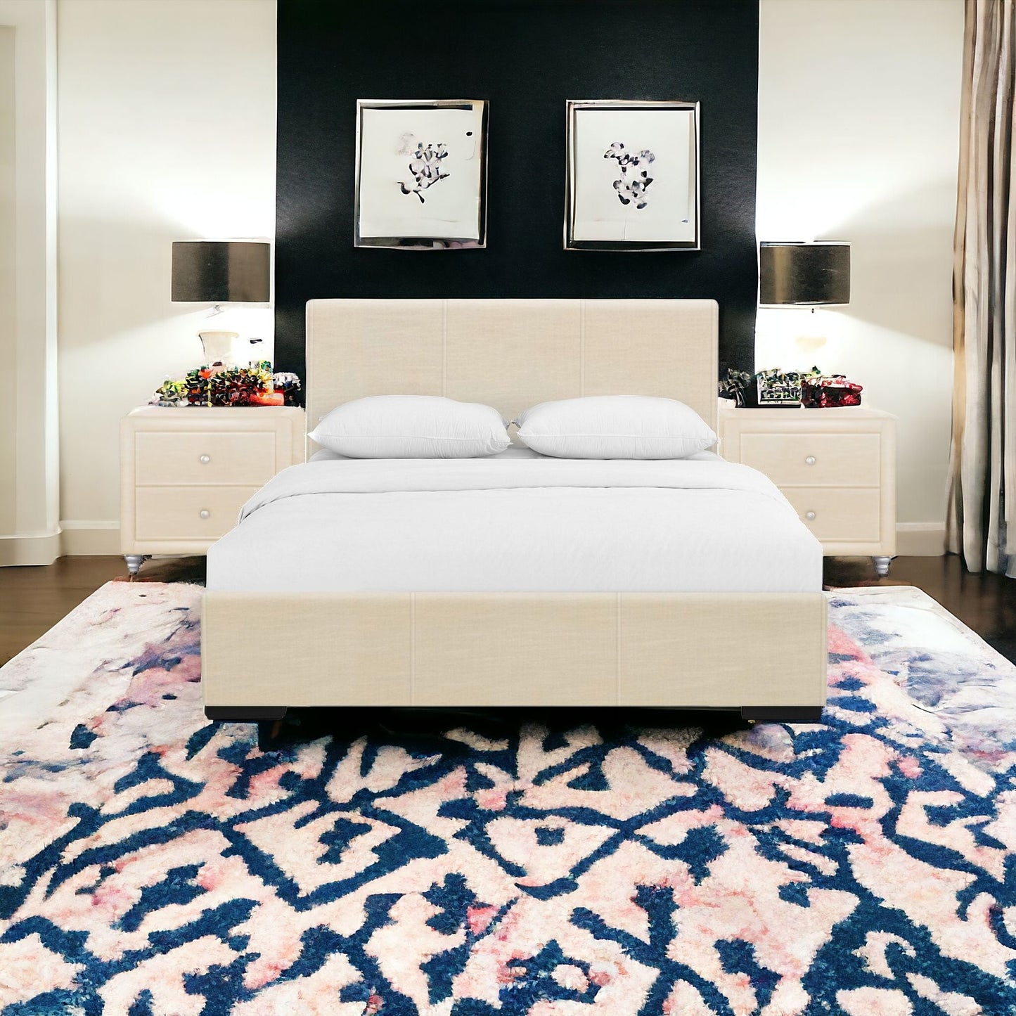 Beige Wood And Faux Leather Full Bed Frame