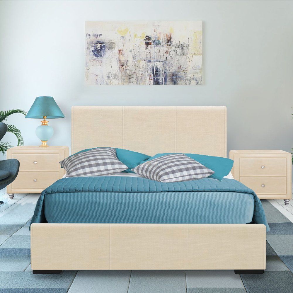 Beige Wood And Faux Leather Queen Bed Frame