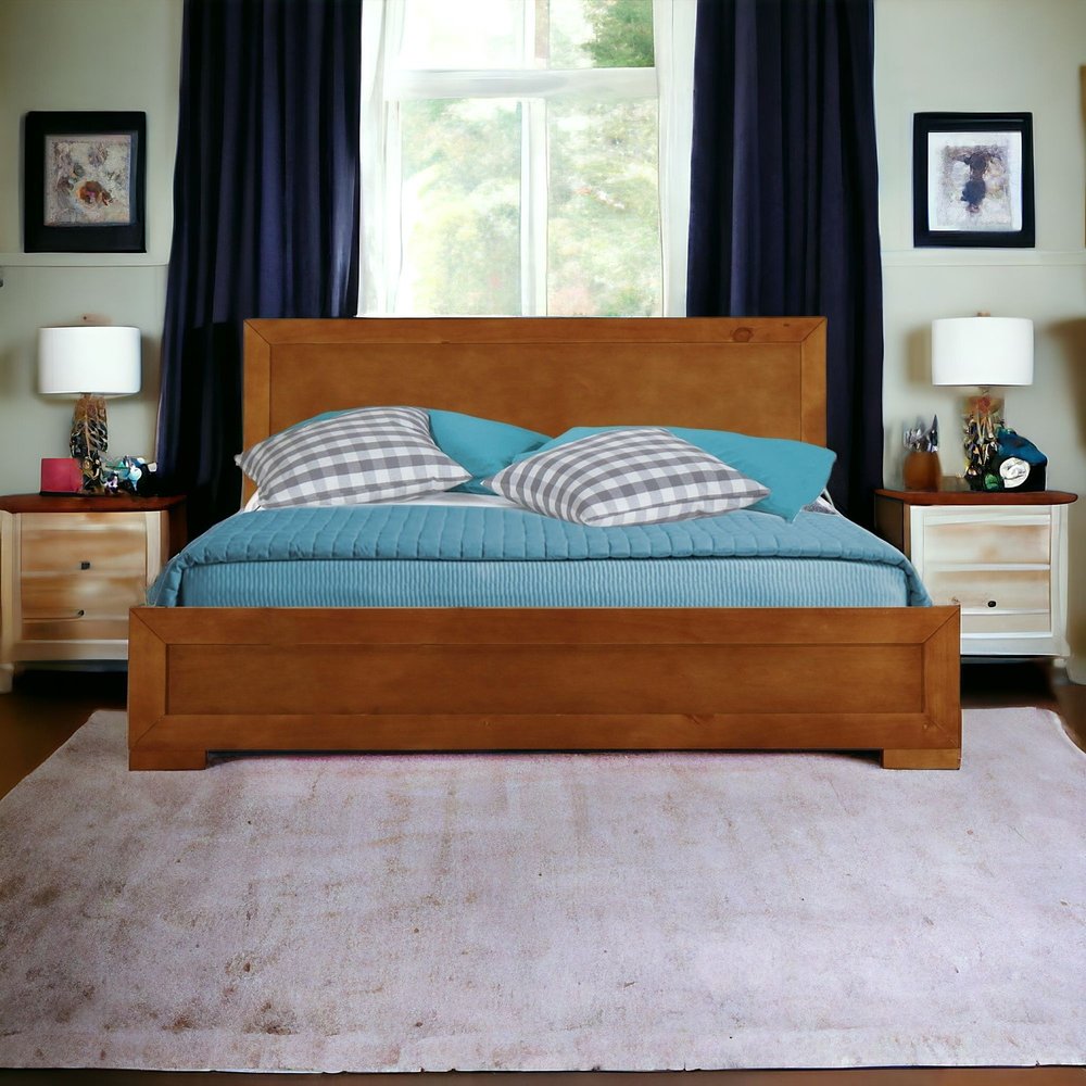Brown Inlaid Panels Solid Wood Full Bed Frame